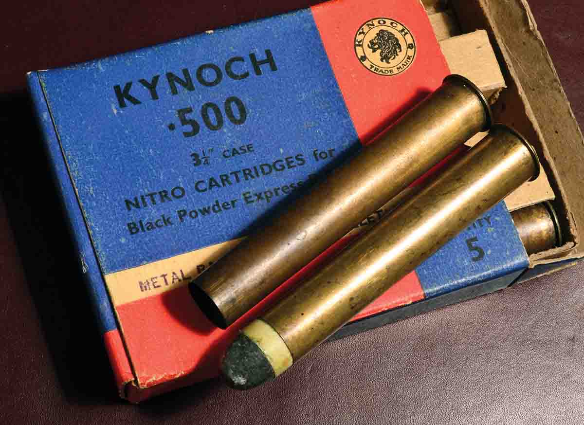 “Nitro for Black” ammunition was produced by Kynoch in common calibers like the .500 Express, and was packaged in specially-colored boxes for easy identification. Each round, usually, had an “N” or “N B” as part of the headstamp.